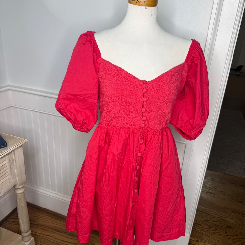 Maeve Anthropologie Red Puff Sleeve Mini Dress Sweetheart Smocked Back Medium‎